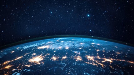 Obraz premium A vibrant city at night, skyscrapers glowing brightly over a blue-lit Earth, with an expansive galaxy backdrop