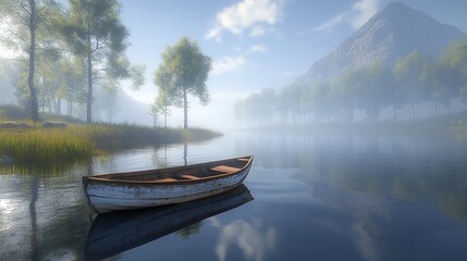 Fototapeta premium Serene misty lake scene with a lone wooden rowboat.