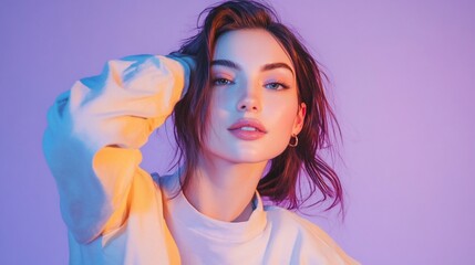 Close-up portrait of a young woman with purple and orange lighting.