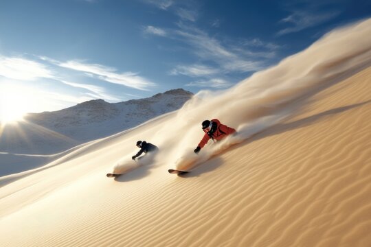 Sand dune snowboarding: extreme sport, desert landscape, downhill motion, carving ride, speed thrill, gravity defiance, adventurous action, adrenaline surge, sandy slopes, challenging terrain.