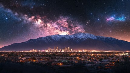 Fototapeta premium A vibrant urban skyline lit up at night, with the Milky Way and mountains forming a dramatic backdrop.