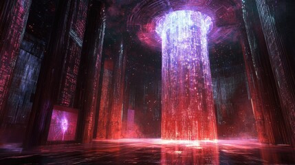 A virtual digital space filled with matrix code and a radiant, high-tech portal centerpiece