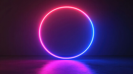 vibrant neon circle glows in pink and blue against dark background, creating futuristic and cyberpunk atmosphere. reflection on surface enhances visual impact