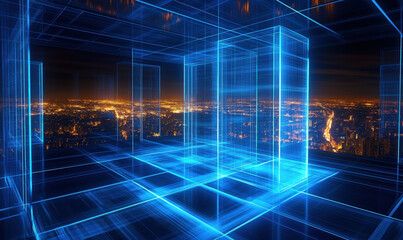 The city at night, with a blue holographic image line frame