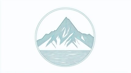 A stylized mountain illustration within a circular frame, featuring icy peaks and water.