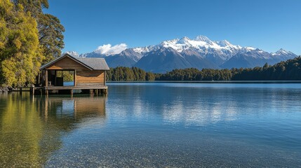 A wooden boathouse on a crystal-clear lake, with distant snow-capped mountains and a peaceful atmosphere