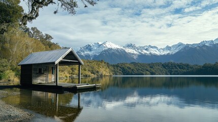 Fototapeta premium A wooden boathouse on a crystal-clear lake, with distant snow-capped mountains and a peaceful atmosphere