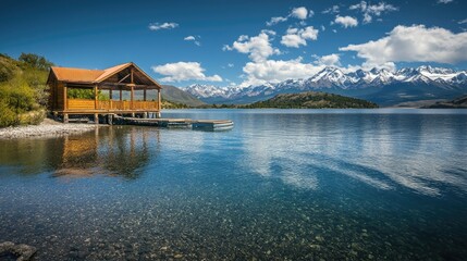Fototapeta premium A wooden boathouse on a crystal-clear lake, with distant snow-capped mountains and a peaceful atmosphere