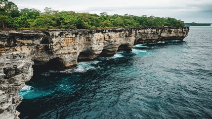 A stunning cliffside view of the ocean, with waves crashing against jagged rocks far below. The...