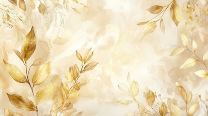 Luxurious golden botanical patterns over watercolor layers in soft cream and light gold.