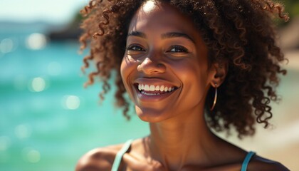Woman with Curly Hair on Paradise Beach: Natural Beauty and Summer Style