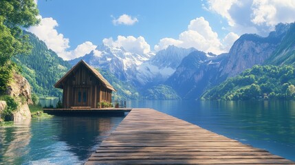 Naklejka premium A wooden dock leading to a charming boathouse, set against a backdrop of serene waters and majestic mountains