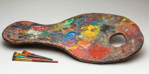 Obraz premium Close-Up of Artist Palette Showcasing Colorful Oil Paints and Brushes