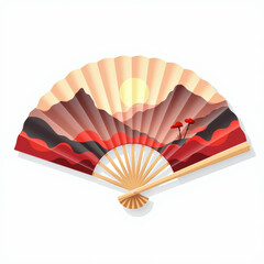 Red & Beige Hand Fan, Asian Landscape - Minimalism