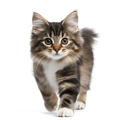 Obraz premium Cute kitten walking forward, white background. Pet adoption, website banner.
