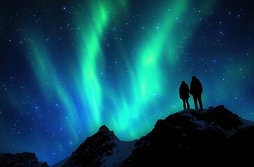 Fototapeta premium A couple standing on a mountain looking up at the sky