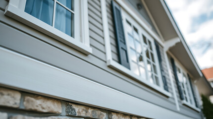 Fototapeta premium Low-angle close-up of a house's exterior, showcasing gray siding, white-framed windows, dark shutters, and a stone foundation. The image is slightly blurred, focusing on the siding and window details