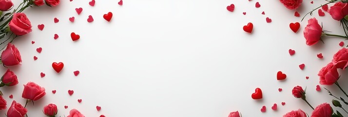 A vibrant arrangement of red roses and scattered hearts, creating a romantic atmosphere perfect for Valentine's Day celebrations.