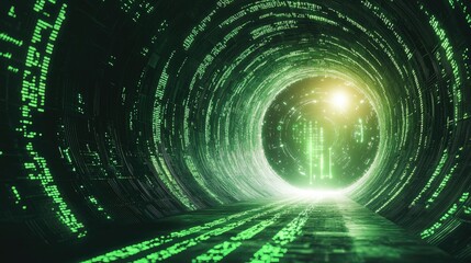 Abstract digital space with green code streams leading to a luminous circular portal