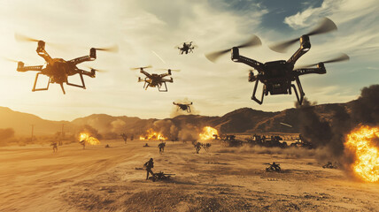 A futuristic combat simulation unfolds in a desert, featuring intense battles between drones, armored soldiers, and towering mechs, all engaged in high-tech warfare.