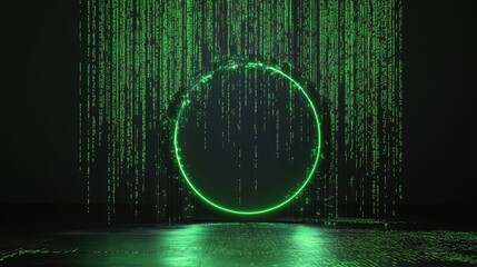 Abstract digital space with green code streams leading to a luminous circular portal