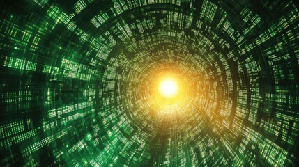 Abstract digital space with green code streams leading to a luminous circular portal