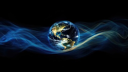 Abstract image of the Earth encased in data waves, highlighting global connectivity and technological advancements
