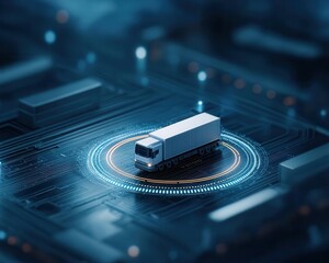 A digital representation of a truck surrounded by tech elements, symbolizing modern transport and logistics innovation. Cargo management logistics tracking automation concept.