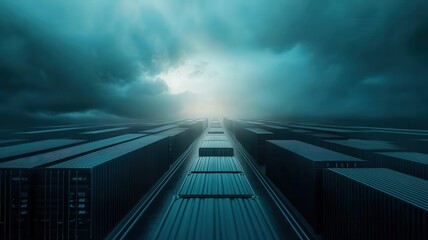 A dramatic view of a modern urban landscape shrouded in mist and clouds, evoking a sense of mystery and wonder. Cargo management logistics tracking automation concept.