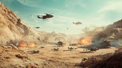 A futuristic combat simulation unfolds in a desert, featuring intense battles between drones, armored soldiers, and towering mechs, all engaged in high-tech warfare.