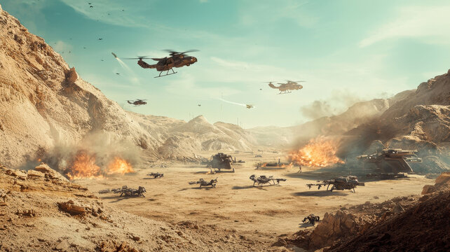 A futuristic combat simulation unfolds in a desert, featuring intense battles between drones, armored soldiers, and towering mechs, all engaged in high-tech warfare.
