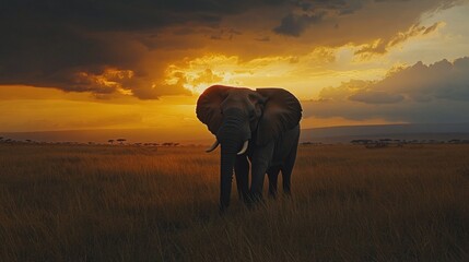 Naklejka premium An elephant stands majestically against a dramatic sunset in a vast savanna landscape.