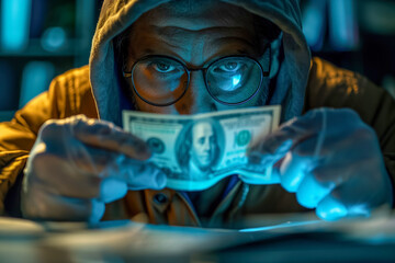 Man examining counterfeit money in dimly lit room with intense focus