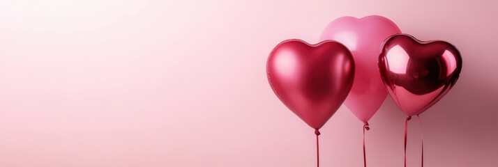 Three glossy heart-shaped balloons in pink and red float against a soft pink background, capturing the essence of love and celebration for Valentine's Day.