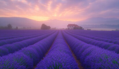 beautiful lavender field under a clear blue sky, with rows of blooming lavender flowers swaying gently in the breeze