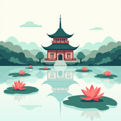 Serene Japanese Pagoda Lake Scene - Flat design