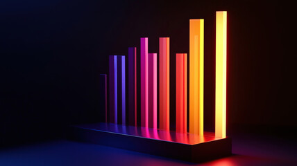 Obraz premium A futuristic comparative bar chart with glowing, segmented bars in radiant gradients, dynamically floating above a sleek black base, creating a high-tech and visually striking data visualization.