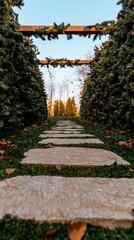 Obraz premium Festive Stone Pathway Through Christmas Trees Winter Wonderland Scene Holiday Decor