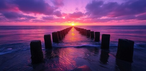 Naklejka premium long wooden pier with ropes leading to the water, with an old sailing ship at its end against a pink and purple sky