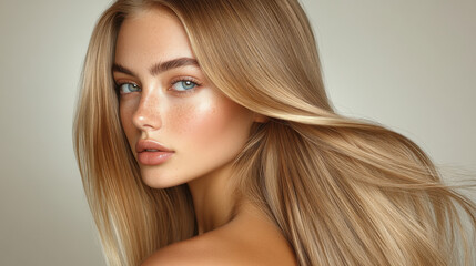 Fototapeta premium Portrait of woman with long, smooth blonde hair and striking blue eyes, showcasing natural beauty and flawless skin. soft lighting enhances her features beautifully