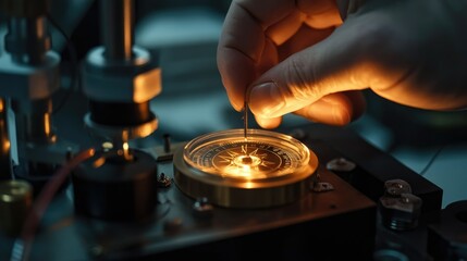 Naklejka premium Close-up of a hand holding a compass near a coil with visible electric current, demonstrating a magnetic field experiment