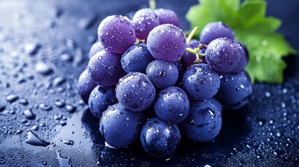 7.Close-up of a bunch of grapes surrounded by splashes of water on a black background; the droplets capture light, creating a dramatic effect that enhances the lush, juicy appearance of each grape,