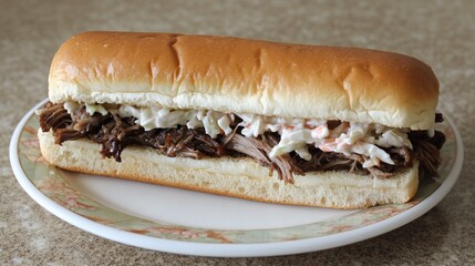 Pulled pork sandwich with coleslaw on a roll.