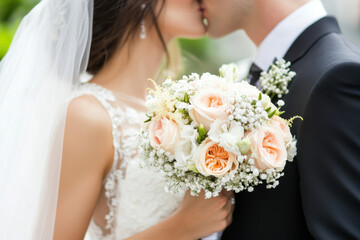 Naklejka premium close up of bride and groom sharing kiss, showcasing bride elegant bouquet of soft colored roses and delicate flowers, capturing romantic moment