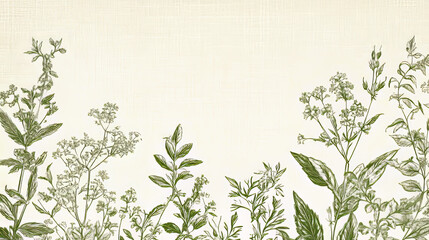 A botanical background featuring hand-drawn Delicate botanical line art of meadow plants and herbs, minimalist nature pattern