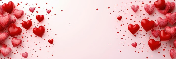 Floating red hearts adorn a pristine white background, creating a romantic and festive atmosphere perfect for Valentine's Day celebrations.