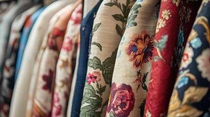 Close-up of vintage fabrics, showcasing floral patterns and textures, draped elegantly on a rack in a fashion store