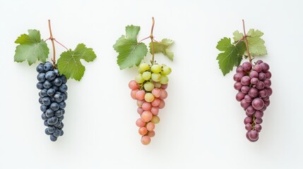 Fototapeta premium 25.Three different types of Japanese grapes displayed on a white background, each variety showing unique characteristics with hues ranging from deep purple to light green and pink; the clean