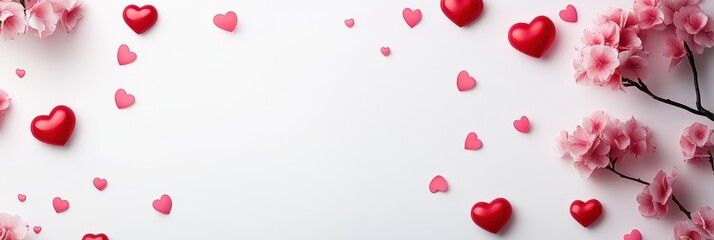 A collection of hearts scattered on a white surface, surrounded by delicate pink flowers, embodying the spirit of love and romance for Valentine's Day.