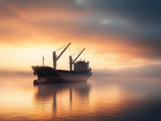 Obraz premium A majestic cargo ship silhouetted against a vibrant sunset, reflecting on calm waters, showcasing the beauty of maritime transport. Cargo management shipment efficiency concept.